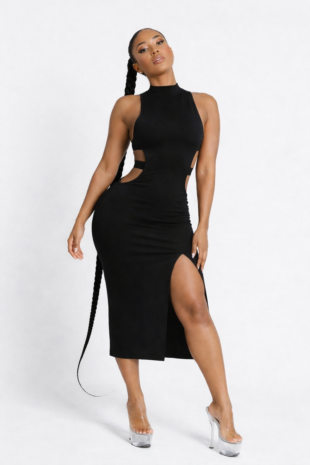 BLACK SIDE-CUT MIDI DRESS