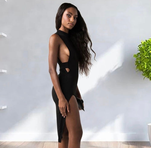 BLACK SIDE-CUT MIDI DRESS