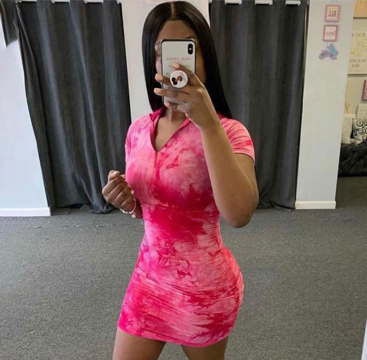 PINK TIE-DYE RUCHED MINI DRESS